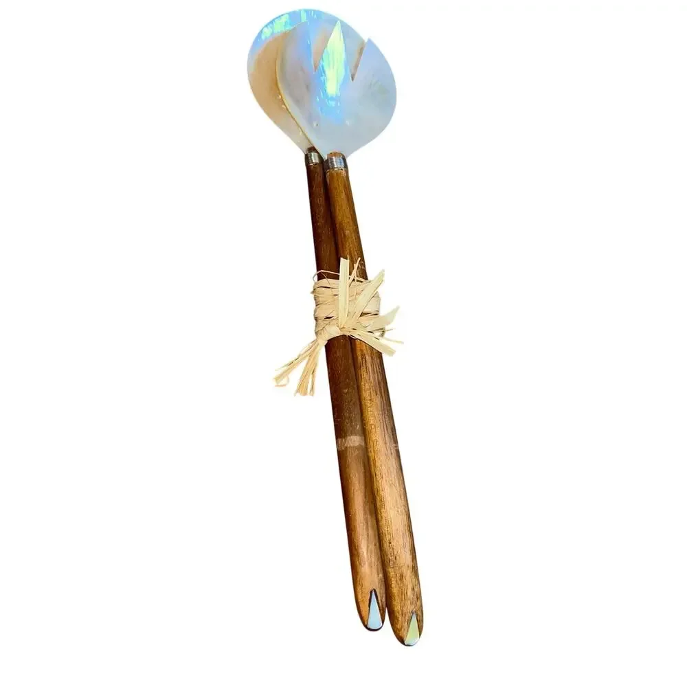 Salad Server Fork Spoon Tongs Natural Iridescent Capiz Mother of Pearl Seashell